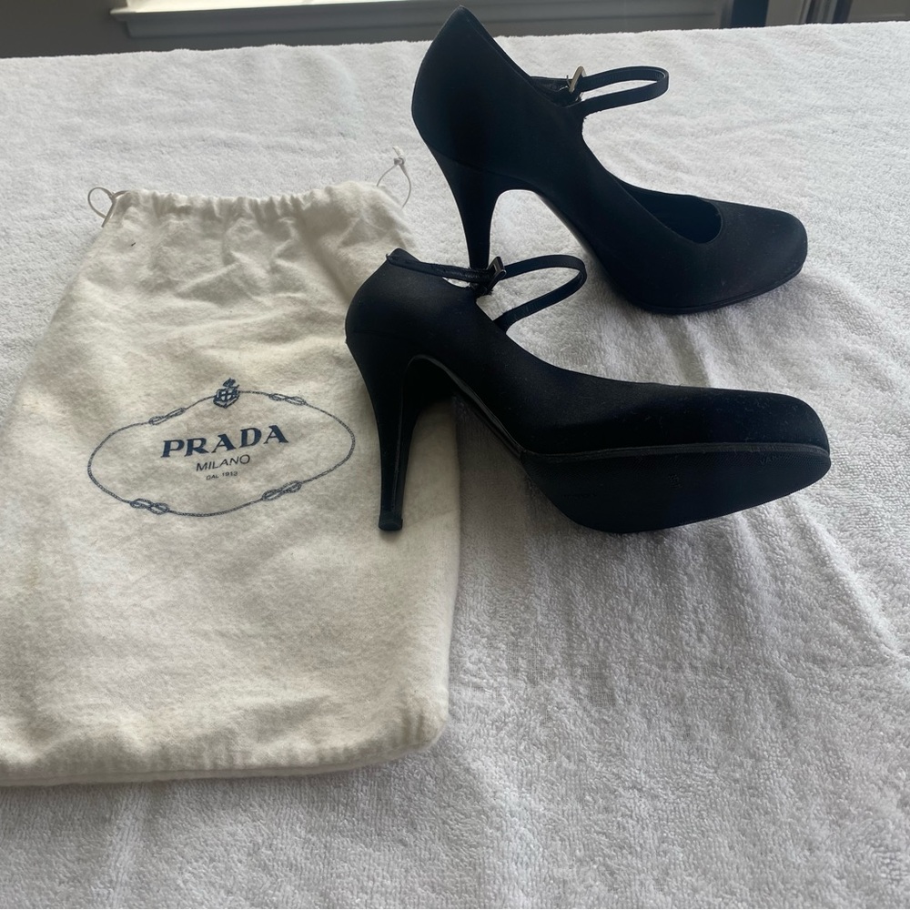 Prada black satin Mary Jane Heels. Worn once!